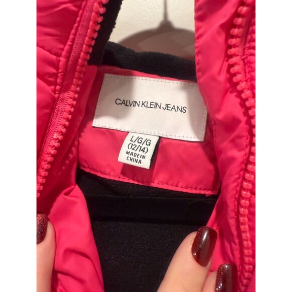 Calvin Klein Jeans Girls Pink Puffer Jacket Faux Fur Hood Size L (12/14) - Picture 3 of 6